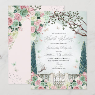 Rosa Silver Fairy Enchanted Garden Sweet 16 Inbjudningar