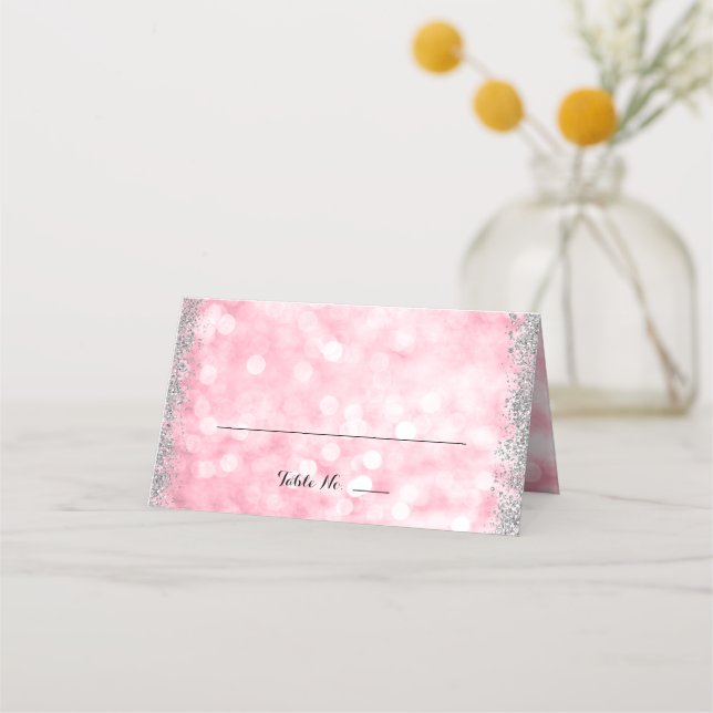 Rosa Silver Faux Glitter Ljus, vikt Placeringskort (Framsida)