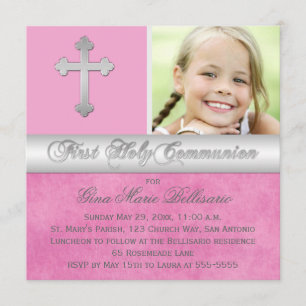 Rosa, Silver First Heliga Communion Photo Inbjudan