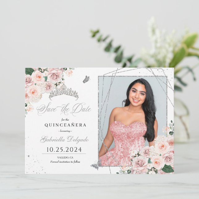 Rosa & Silver fotokort Quinceañera Spara datum Inbjudningar (Stående Fram)
