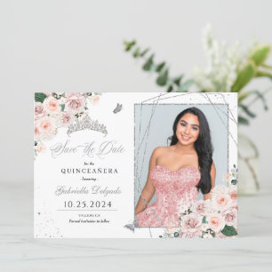 Rosa & Silver fotokort Quinceañera Spara datum Inbjudningar