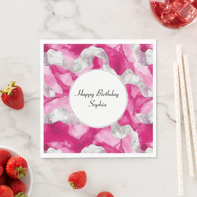 Rosa Silver Glam Abstrakt Birthday Pappersservett (Insitu)