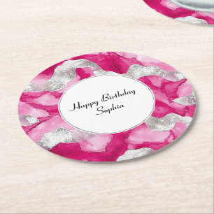 Rosa Silver Glam Abstrakt Birthday Underlägg Papper Rund