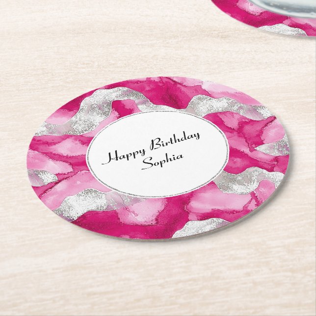 Rosa Silver Glam Abstrakt Birthday Underlägg Papper Rund (Vinklad)