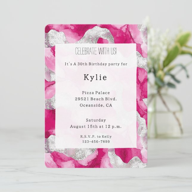 Rosa Silver Glam Birthday Inbjudningar (Stående Fram)