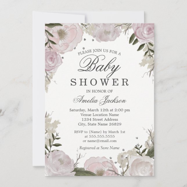 Rosa Silver Glitter Blommig Baby Shower Inbjudningar (Framsida)