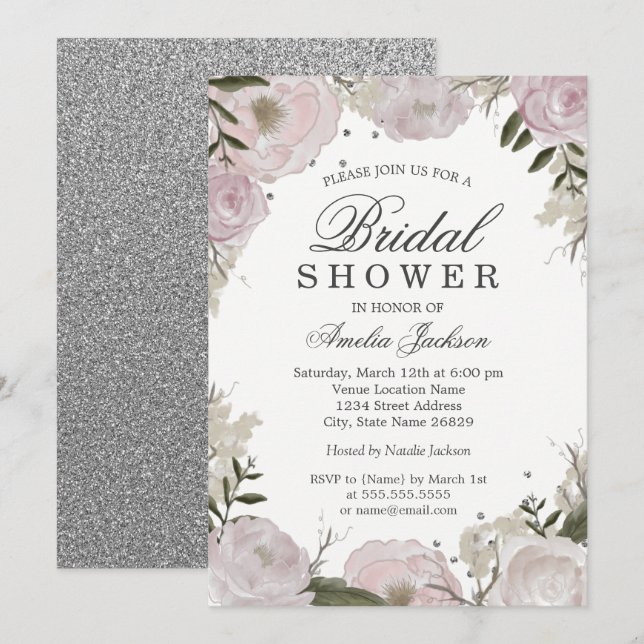 Rosa Silver Glitter Blommig Bröllopsfest Inbjudningar (Fram/baksida)