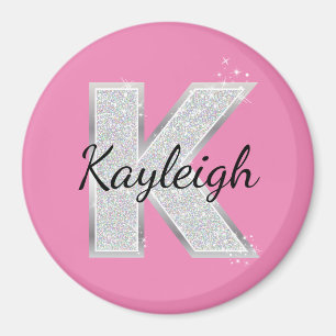 ROSA SILVER GLITTER BREV K MAGNET