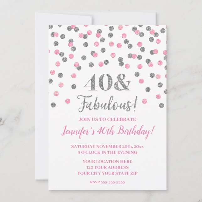 Rosa Silver Glitter confetti 40 och Fabulous Inbjudningar (Baksida)