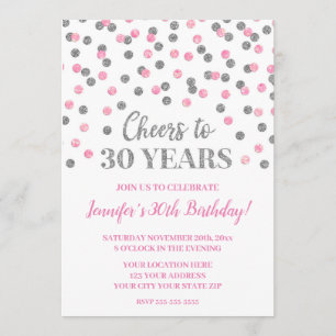 Rosa Silver Glitter Confetti Cheers till 30 år Inbjudningar