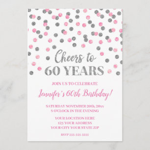Rosa Silver Glitter Confetti Cheers till 60 år Inbjudningar