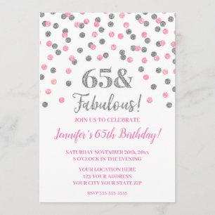 Rosa Silver Glitter Confetti Cheers till 65 år Inbjudningar