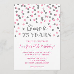 Rosa Silver Glitter Confetti Cheers till 75 år Inbjudningar