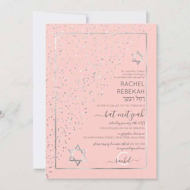 Rosa Silver Glitter Diagonalt Konfetti Bat Mitzvah Inbjudningar (Framsida)