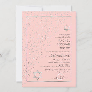 Rosa Silver Glitter Diagonalt Konfetti Bat Mitzvah Inbjudningar