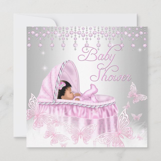 Rosa Silver Glitter Fjäril Etnisk Baby Shower Inbjudningar (Framsida)