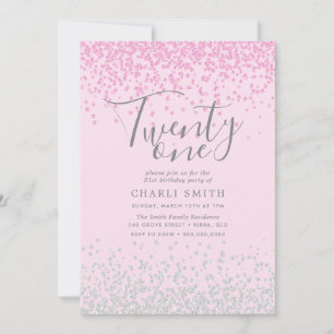 Rosa & Silver Glitter Girls 21:a födelsedag Party Inbjudningar