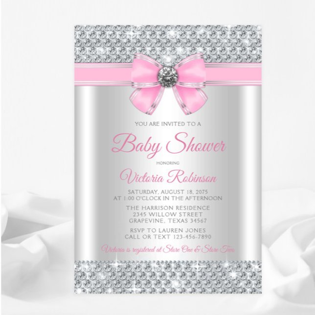 Rosa Silver Glitter Glam Babyflicka Kalas Inbjudningar (You can change all of the text, fonts, etc.)