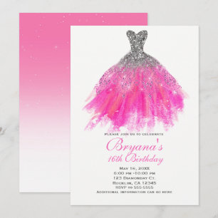 Rosa & Silver glitter glamourklänning Sweet 16-fes Inbjudningar