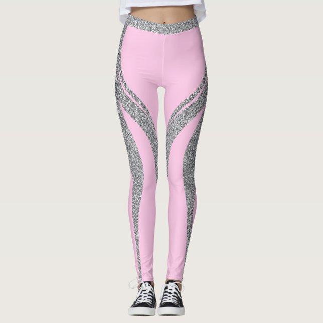 Rosa Silver Glitter Hjärtknapp aktiverad Leggings (Framsida)
