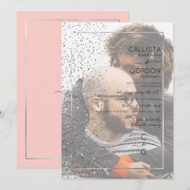 Rosa Silver Glitter Konfetti Side Photo Bröllop Inbjudningar (Fram/baksida)