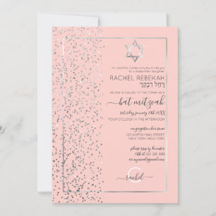 Rosa Silver Glitter Konfetti sidled Bat mitzvah Inbjudningar