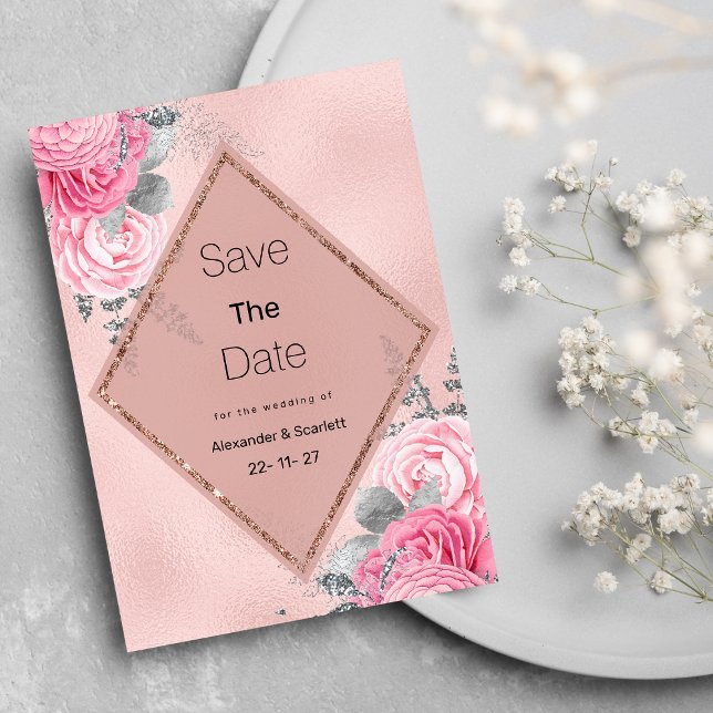 Rosa silver glitter nejlika blomma Save The Date Inbjudningar (Pink silver glitter peony floral Save The Date )