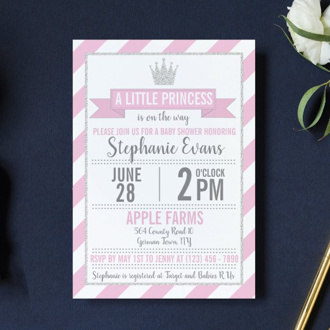 Rosa Silver Glitter Princess Baby Shower Inbjudan (Skapare uppladdad)