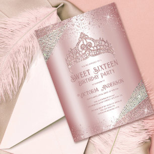 Rosa Silver Glitter Princess Tiara Sweet 16 Inbjudningar