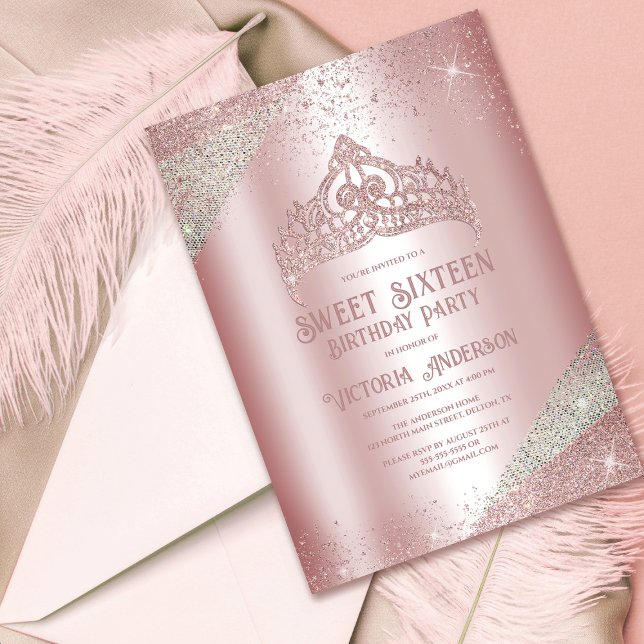Rosa Silver Glitter Princess Tiara Sweet 16 Inbjudningar (Skapare uppladdad)
