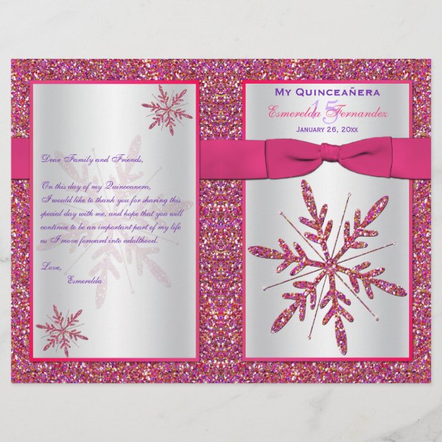Rosa Silver Glitter Snöflingor Quinceañera-program (Framsida)