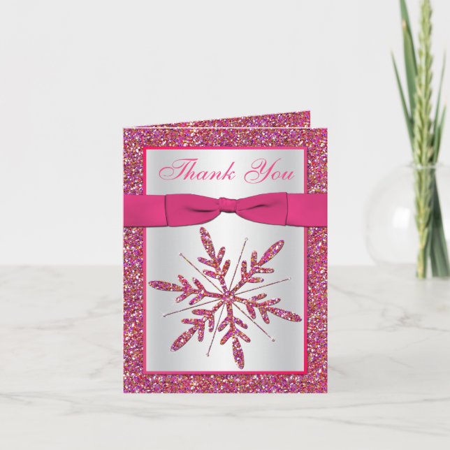 Rosa Silver Glitter Snowflake Photo - tackkort (Framsida)