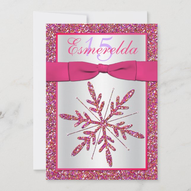 Rosa, Silver Glitter Snowflake Quinceanera Inbjuda Inbjudningar (Framsida)