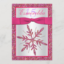 Rosa, Silver Glitter Snowflake Quinceanera Inbjuda