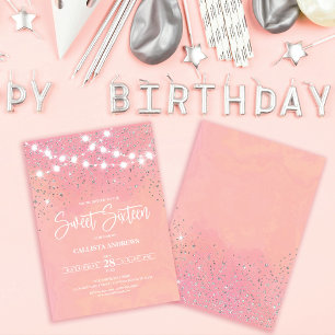Rosa Silver Glitter Sparkles Ljus Sweet 16 Inbjudningar