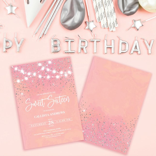 Rosa Silver Glitter Sparkles Ljus Sweet 16 Inbjudningar (Skapare uppladdad)