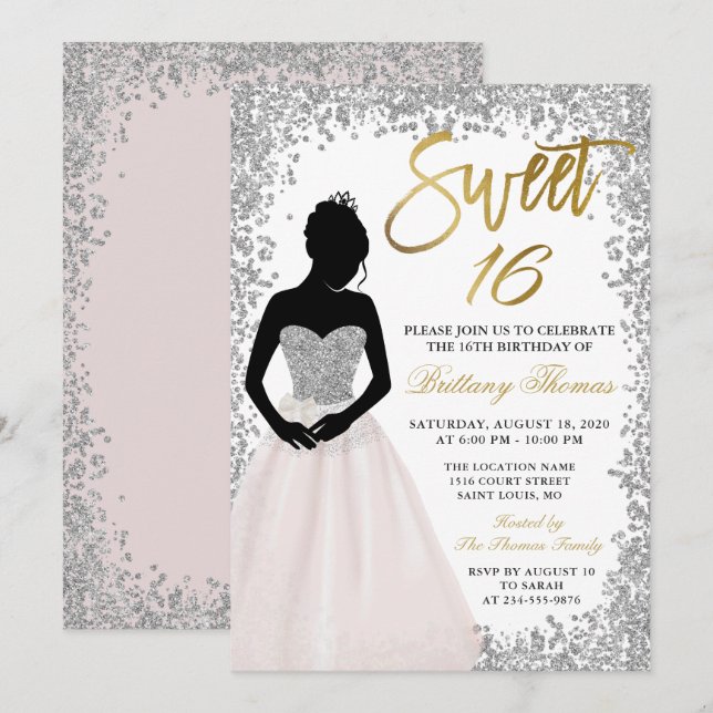Rosa Silver Glitter Sweet sixteen 16 födelsedag Inbjudningar (Fram/baksida)