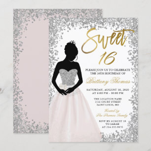 Rosa Silver Glitter Sweet sixteen 16 födelsedag Inbjudningar