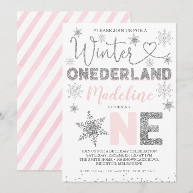 Rosa Silver Glitter Winter Onederland Födelsedag Inbjudningar (Fram/baksida)