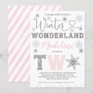 Rosa Silver Glitter Winter Wonderland 2:a födelsed Inbjudningar