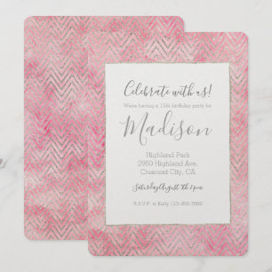 Rosa Silver Glitz Chevron Birthday Inbjudningar