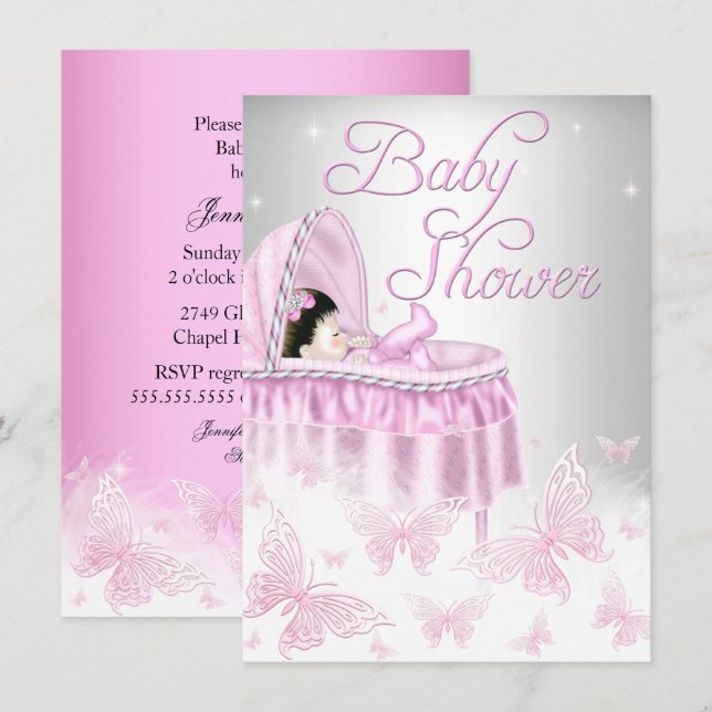 Rosa & Silver Gnistra Butterfly Girl Baby Shower Inbjudningar (Fram/baksida)