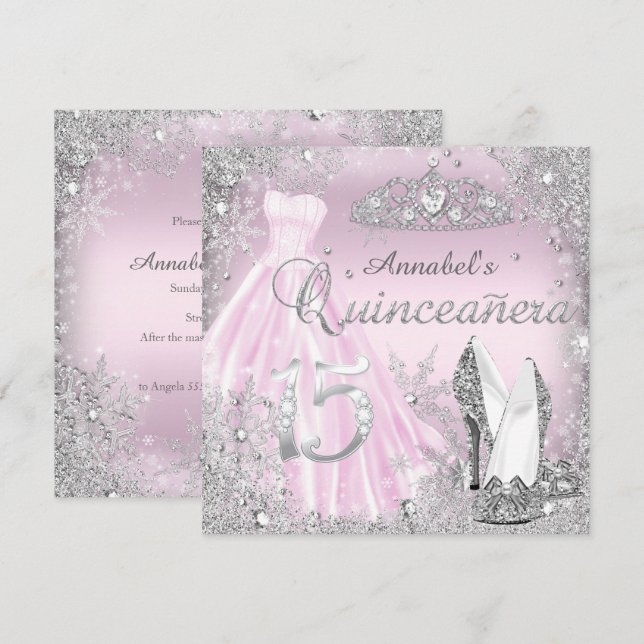 Rosa Silver Gnistra Dress & Tiara Quinceanera Inbjudningar (Fram/baksida)