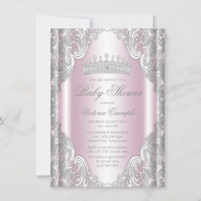 Rosa silver grå fin prinsessa baby shower inbjudningar (Framsida)