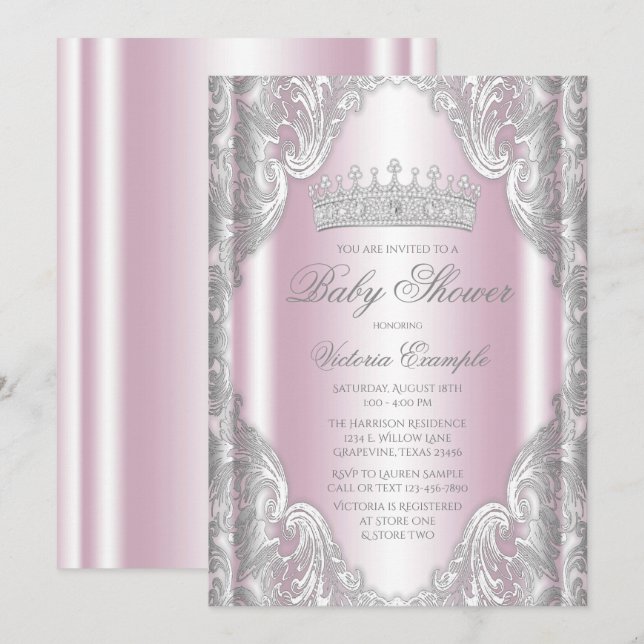 Rosa silver grå fin prinsessa baby shower inbjudningar (Fram/baksida)