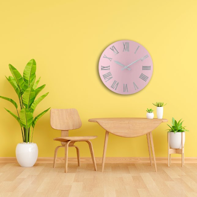 Rosa Silver Grått Pastel Metallic Roman Numres Stor Klocka (Pink Silver Gray Pastel Metallic Roman Numbers Large Clock )