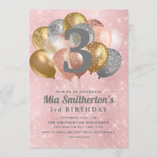 Rosa Silver Guld Ballonger Flickas 3-årsdag Inbjudningar