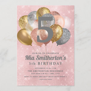 Rosa Silver Guld Ballonger Flickas 5-årsdag Inbjudningar