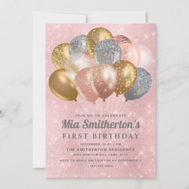 Rosa Silver Guld Balloons Girl 1:a födelsedagen Inbjudningar (Framsida)