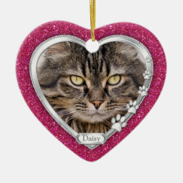 Rosa Silver Heart Pet Cat Memorial Photo Jul Julgransprydnad Keramik